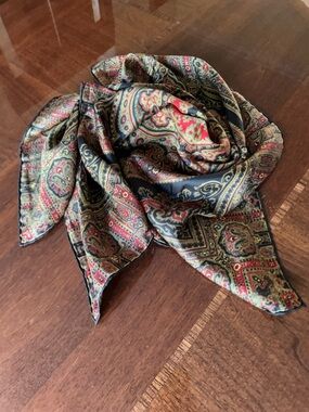 Multicolor Paisley Silk Scarf - Red, Black, Gold silk hand rolled 26“ x 26“